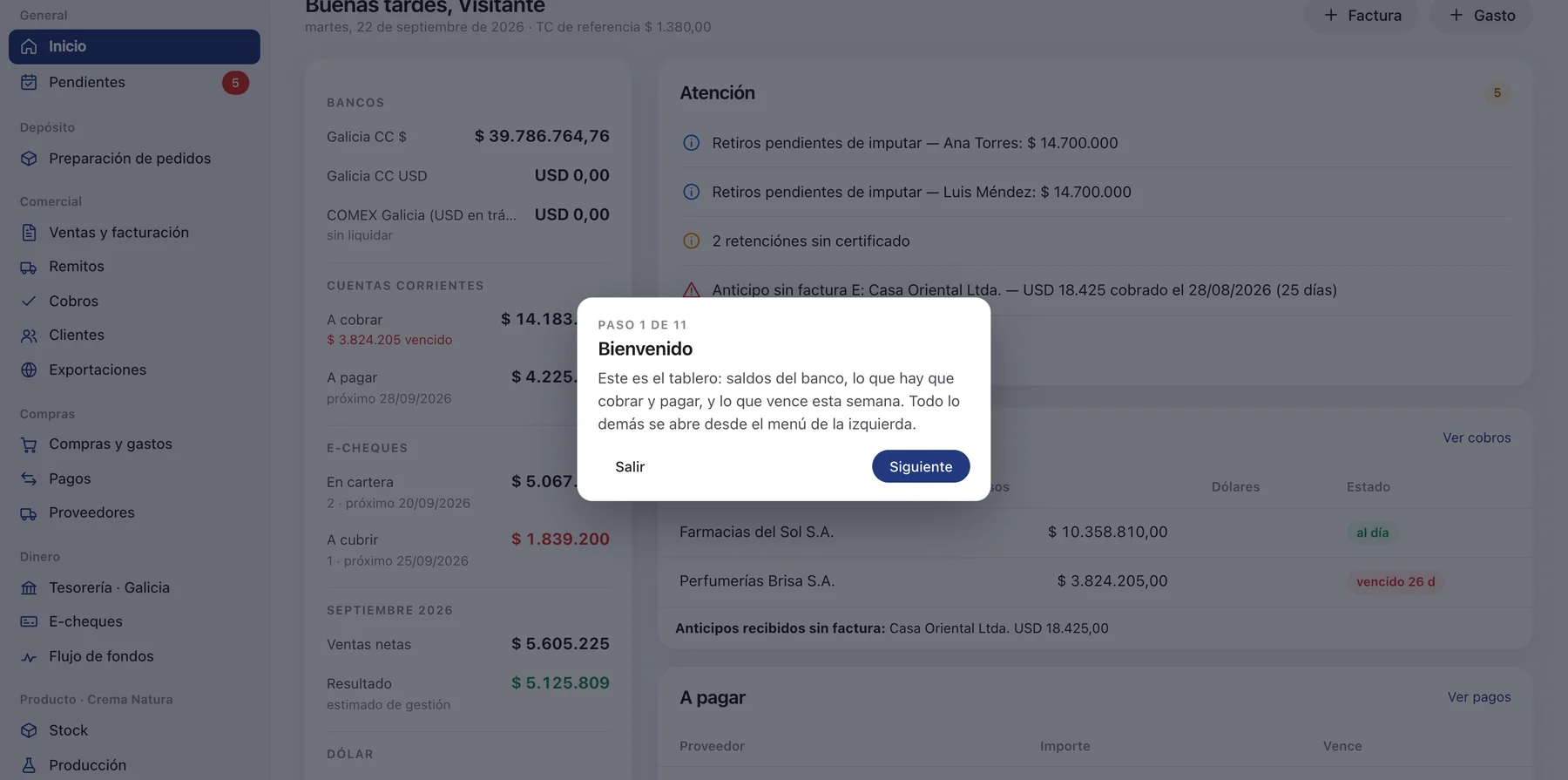 El recorrido guiado sobre la app: una tarjeta “Paso 1 de 11” explica el tablero encima de la pantalla real.